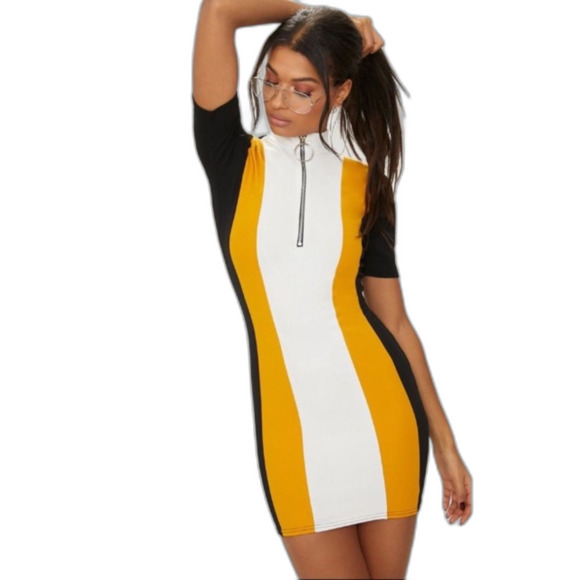 PrettyLittleThing NWT Yellow Black Motocross Striped Ring Pull Fitted Dress Sz 6 - Picture 1 of 9